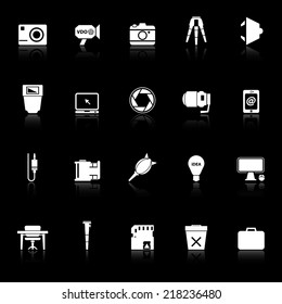 Photography related item icons with reflect on black background, stock vector