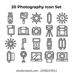 photography related line art icons are present.