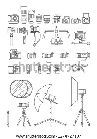 Photography related linear vector element set, Illustration. 