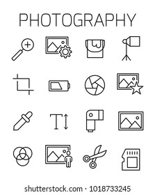Photography related vector icon set. Well-crafted sign in thin line style with editable stroke. Vector symbols isolated on a white background. Simple pictograms.