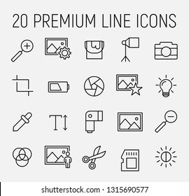 Photography related vector icon set. Well-crafted sign in thin line style with editable stroke. Vector symbols isolated on a white background. Simple pictograms. 