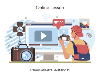 Photography school club or course online service or platform. Students lerning to take photos, light setting and photo editing. Online lesson. Flat vector illustration