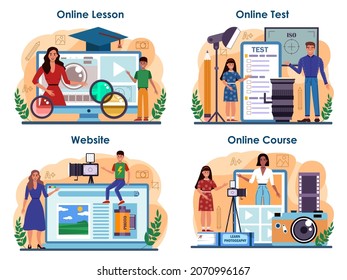 Photography school club or course online service or platform set. Students learning to take photos. Photography school course. Online lesson, test,course, website. Flat vector illustration