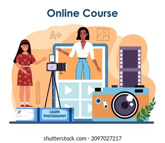 Photography school club or course online service or platform. Students learning to take photos. Photography school course. Online course. Flat vector illustration