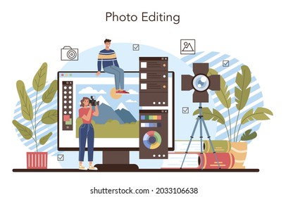 Photography school club or course. Students lerning to take photos, light setting and photo editing. Artistic hobby and photography school course. Isolated flat vector illustration