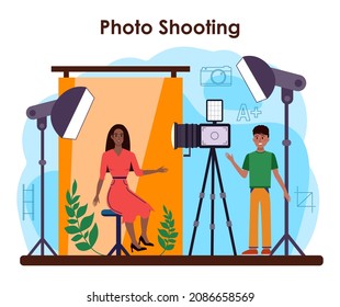 Photography school club or course. Students learning to take photos, light setting and photo editing. Artistic hobby and photography school course. Isolated flat vector illustration
