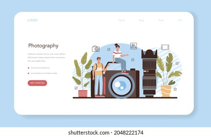 Photography school club or course web banner or landing page. Students lerning to take photos, light setting and photo editing. Photography school course. Isolated flat vector illustration