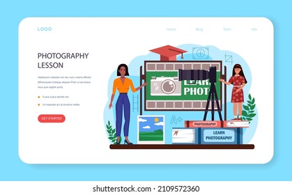 Photography school club or course web banner or landing page . Students learning to take photos, light setting and photo editing. Photography school course. Flat vector illustration