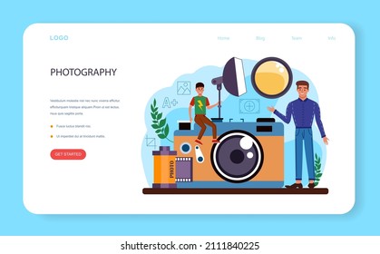 Photography school club or course web banner or landing page . Students learning to take photos, light setting and photo editing. Photography school course. Flat vector illustration