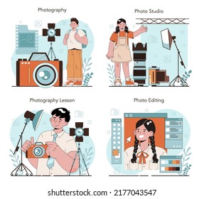 Photography school club or lesson set. Students lerning to take photos, light setting and photo editing. Artistic hobby and photography school course. Flat vector illustration