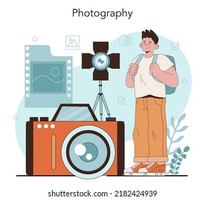 Photography school club or lesson. Students lerning to take photos, light setting and photo editing. Artistic hobby and photography school course. Flat vector illustration