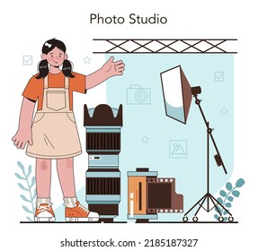 Photography school club or lesson. Students lerning to take photos, light setting and photo editing. Artistic hobby and photography school course. Flat vector illustration