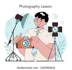 Photography school club or lesson. Students lerning to take photos, light setting and photo editing. Artistic hobby and photography school course. Flat vector illustration