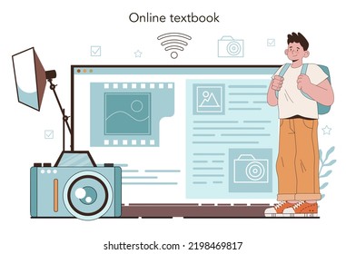 Photography school club online service or platform. Students lerning to take photos, light setting and photo editing. Online textbook. Flat vector illustration