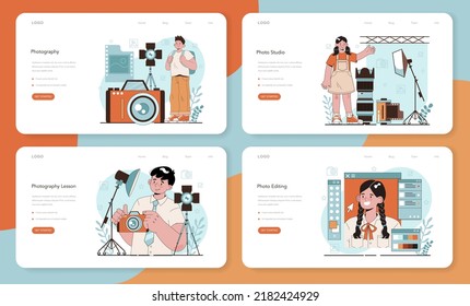 Photography school club web banner or landing page set. Students lerning to take photos, light setting and photo editing. Artistic hobby and photography school course. Flat vector illustration