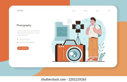 Photography school club web banner or landing page. Students lerning to take photos, light setting and photo editing. Artistic hobby and photography school course. Flat vector illustration