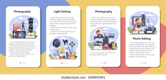 Photography school course mobile application banner set. Professional photographer teaching kid of light setting and photo editing. Artistic hobby and photography class. Isolated vector illustration