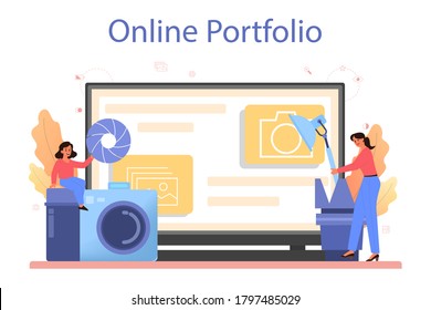Photography school course online service or platform. Professional photographer teaching kid to take pictures. Online portfolio. Isolated flat vector illustration