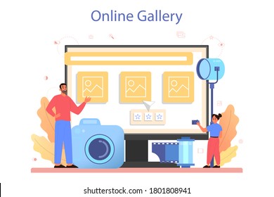Photography school course online service or platform. Professional photographer teaching kid to take pictures. Online gallery. Isolated flat vector illustration