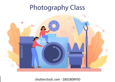 Photography school course. Professional photographer teaching kid to take pictures. Artistic hobby and photography class. Isolated flat vector illustration