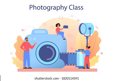 Photography school course. Professional photographer teaching kid to take pictures. Artistic hobby and photography class. Isolated flat vector illustration