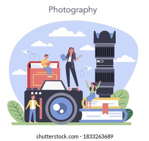 Photography school course. Professional photographer teaching kid of light setting and photo editing. Artistic hobby and photography class. Isolated flat vector illustration