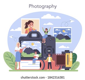 Photography school course. Professional photographer teaching kid of light setting and photo editing. Artistic hobby and photography class. Isolated flat vector illustration