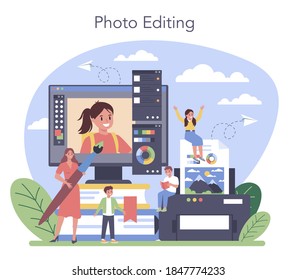 Photography school course. Professional photographer teaching kid of photo editing. Artistic hobby and photography class. Isolated flat vector illustration