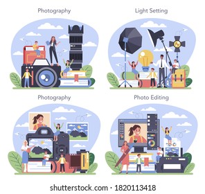 Photography school course set. Professional photographer teaching kid of light setting and photo editing. Artistic hobby and photography class. Isolated flat vector illustration