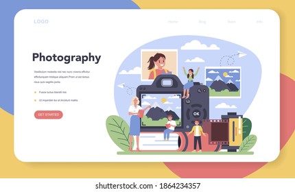 Photography school course web banner or landing page. Professional photographer teaching kid of light setting and photo editing. Artistic hobby and photography class. Isolated vector illustration