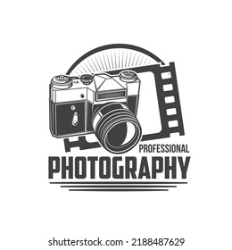 Photography School Icon, Photo Camera And Film Vector Emblem For Photographer Studio. Photograph Professional School And Education Of Photo Capture, Retro Camera With Flash