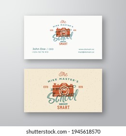 Photography School Retro Abstract Vector Logo and Business Card Template. Camera with Typography and Shabby Textures. Vintage Print Look. Premium Stationary Realistic Mock Up. Isolated.