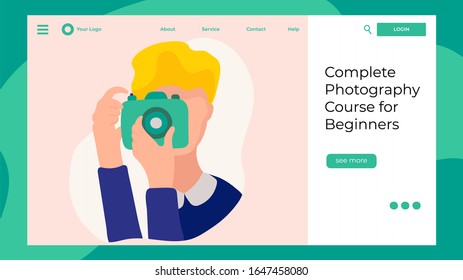 Photography school website design, course for beginners, vector illustration. Digital photography workshop, creative hobby class. Online education for beginner photographers, landing page template