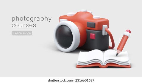 Photography from scratch. Basic courses for beginners. Modern portrait and landscape photo. Online and offline lessons. Advertising poster in cartoon style