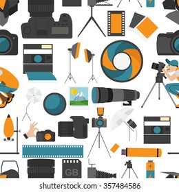 Photography seamless pattern with photo, camera equipment.  Vector illustration