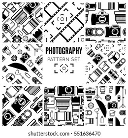 Photography seamless patterns set with photo, camera equipment. Vector illustration