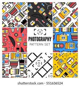 Photography seamless patterns set with photo, camera equipment. Vector illustration