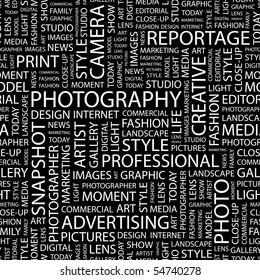 PHOTOGRAPHY. Seamless vector pattern with word cloud.