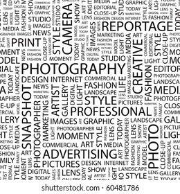 PHOTOGRAPHY. Seamless vector pattern with word cloud. Illustration with different association terms.