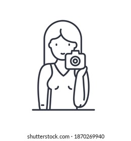 Photography selfie icon, linear isolated illustration, thin line vector, web design sign, outline concept symbol with editable stroke on white background.