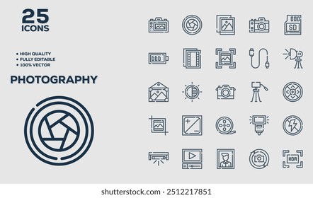 Photography set of 25 outline icons related to Fitness. Linear icon collection. Editable stroke. Vector illustration