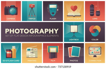 Photography - set of flat design infographics elements. Colorful square icons with description. Camera, tripod, flash, album, lens, lightbox, color, sd and flash card, printing, film, correction