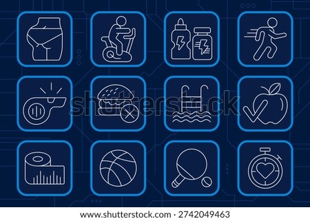 Photography set icon. Aperture shutter, studio softbox, crop tool, exposure control, photo stack, gesture zoom, ring light, camera tripod, compact camera, film roll, umbrella light, clapperboard