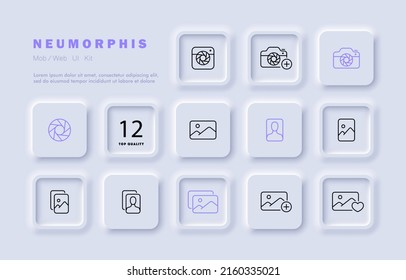 Photography set icon. Camera, gallery, cropping, effects, frames, printer, 3d, filters, photo, media. Image concept. Neomorphism style. Vector line icon for Business and Advertising