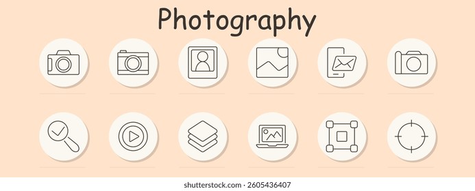 Photography set icon. Camera, gallery, polaroid, image speech bubble, edit, roll, layers, search, focus, representing capture, sharing, and editing photos