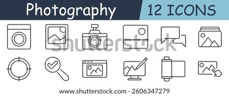 Photography set icon. Camera, image, frame, edit, crop, magnifier, monitor, search, approve, film, layer, gallery, website