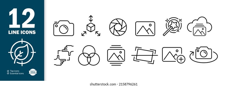 Bildsatz-Symbol Kamera, Objektiv, 3D-Objekt, Galerie, Landschaft, Verbesserung, Cloud-Speicherung, Zuschneiden, Effekte, Ausrichtung. Arbeiten Sie mit dem Fotokonzept. Vektorsymbol für Unternehmen und Werbung