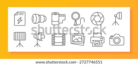Photography set icon. Camera, lens, flash, light, film, frame, printer, equipment, photo, studio, shoot, aperture, tripod, device, focus, exposure, image, gallery, print, technology