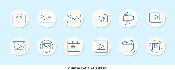 Photography set icon. Camera, photo, focus frame, tripod, video camera, play screen, film reel, edit clapperboard, play button. Represent photography, videography, and media creation