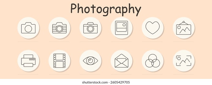 Photography set icon. Camera, polaroid, heart, photo frame, printer, film, eye, mail, palette, focus, capturing emotion and printing in photography workflow